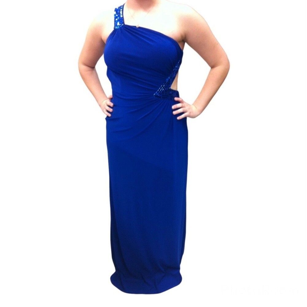 Morgan & Co. One Shoulder Prom Dress Sequins Open Back Side Cutout Blue Sz 7/8